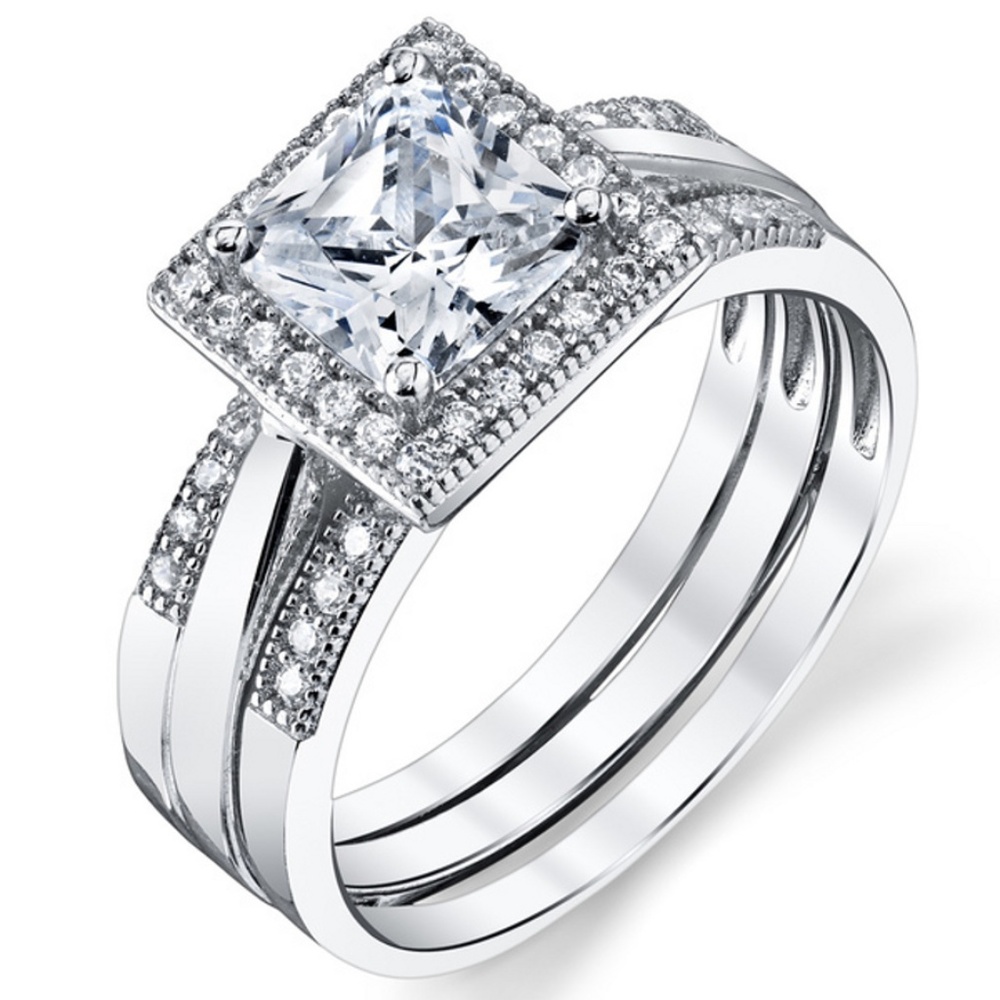 Solid Sterling Silver Princess Cut Halo Ring Set